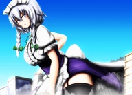 drawing giantess white_hair city mega color destruction touhou purple_eyes lingerie izayoi_sakuya looking_down maid_uniform garters thighs neva