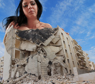 giantess collage black_hair destruction cleavage buildings sky looking_at_viewer