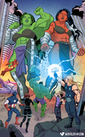 breasts drawing giantess city mega color butt armor destruction toes rampage cleavage bra angry muscles hawkeye looking_down giantesses bow belt jumpsuit hammer shield arrows imminent_crush she_hulk thor iron_man hulk captain_america red_skin green_skin black_widow red_she_hulk marvel_comics musclefan quiver betty_ross