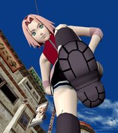giantess sakura_haruno buildings green_eyes pink_hair looking_down point_of_view looking_at_viewer raised_foot hands_on_hips imminent_crush digital_render naruto_(series)