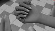 gentle nude blonde monochrome handheld barefoot scared shrunken_woman floor drcreep digital_render