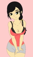 breasts drawing giantess black_hair color cleavage green_eyes shrunken_man screeeow between_breasts