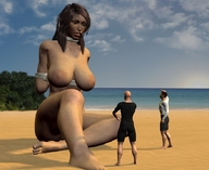 breasts nipples nude beach barefoot ocean mini_giantess bondage looking_down clouds sky digital_render