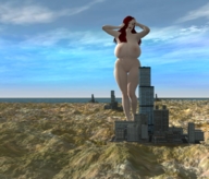breasts growth giantess nude city mega barefoot ocean huge_breasts red_hair digital_render roseuslupus