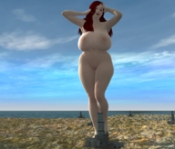 breasts growth giantess nude city mega barefoot ocean huge_breasts red_hair digital_render roseuslupus