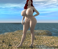 breasts growth giantess nude giga city barefoot ocean huge_breasts red_hair hand red_nails digital_render roseuslupus