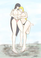 breasts drawing nipples giga blonde black_hair color long_hair barefoot huge_breasts thong lesbians giantesses standing loving embrace yamumil