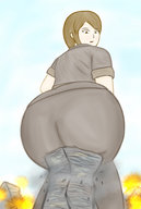 drawing giantess city color butt destruction buildings butt_crush brunette brown_eyes short_hair sitting explosion looking_down big_butt yamumil