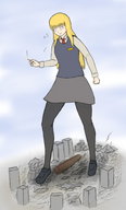drawing giantess city blonde color long_hair destruction saliva uniform looking_down smoke cigarette yamumil