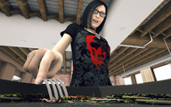 black_hair collar fork shrunken_man looking_down cooking sorenzer0 looking_at_tiny digital_render alex_vause