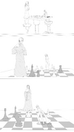 drawing nude comic monochrome pubic_hair chess shrunken_woman game ponytails standing chessboard chess_pieces