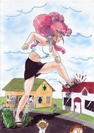 drawing giantess color destruction cleavage skirt red_hair ponytail sandals foot_crush onlookers houses debris