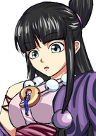 drawing black_hair color anime surprised shrunken_man suit necklace ace_attorney phoenix_wright hanging_on etz no_background maya_fey