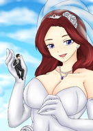 gentle color blue_eyes handheld cleavage anime smiling red_hair wedding_dress shrunken_man sky freckles looking_at_viewer veil etz tuxedo
