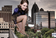 giantess collage city high_heels buildings brunette smiling kneeling clouds looking_at_viewer alison debris brie silk_blouse