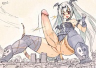 drawing giantess white_hair blushing tail city mega color long_hair futanari destruction penis seo_tatsuya red_eyes looking_down