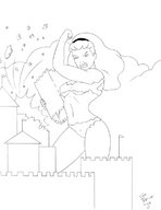 breasts drawing giantess panties mega monochrome long_hair destruction handheld rampage cleavage bra angry castle looking_down fist alice_in_wonderland disney ripped_clothing hairband debris punching tom_bar bare_midriff alice
