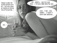 collage nude monochrome handheld bed story lying_down shrunken_man looking_back poor_grammar