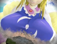 breasts giga city blonde destruction touhou huge_breasts breast_crush smiling kitsune fox_girl ran_yakumo digital_render koirvon