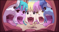 drawing karbo vore blonde color tongue blue_eyes saliva purple_eyes yellow_eyes shorts open_mouth giantesses blindfold source_needed