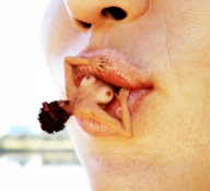 breasts nipples gentle nude vore lips short_hair shrunken_woman sucking nose bow digital_render flagg3d