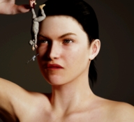 giantess nude black_hair handheld angry dangle between_fingers manicure soldiers helmet digital_render flagg3d acu_uniform m4_rifle