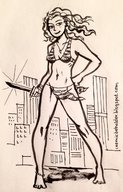 drawing giantess city monochrome swimsuit barefoot buildings standing looking_at_viewer cosmicbeholder short_sword