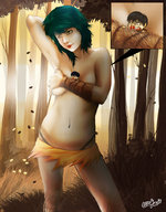 drawing gentle giantess black_hair color topless forest nosebleed sunset edlouiearts falling_leaves between_breasts