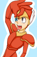 drawing giantess color tongue armor saliva black_eyes open_mouth dangle between_fingers shovel imminent_vore jj-psychotic no_background looking_at_tiny shovel_knight yacht_club_games shield_knight shovel_knight_(series)