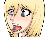 drawing blushing blonde color tongue teeth black_eyes shrunken_woman open_mouth pre_vore on_tongue jj-psychotic looking_at_tiny