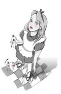 drawing growth blonde monochrome handheld standing red_lips alice_in_wonderland disney hair_bow looking_at_viewer spears card_soldiers checkerboard_floor