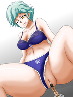 drawing pussy panties aroused color cleavage bra anime yellow_eyes green_hair bondage navel legs shrunken_man naked_man taped_down imminent_insertion tayunta