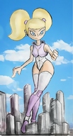 drawing giantess city mega blonde color armor blue_eyes buildings boots twintails cartoon thighs fist thigh_highs earrings legs_crossed colonel-gabbo dexters_laboratory cartoon_network dee_dee