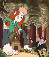 drawing giantess mega color clothed toes barefoot buildings smiling red_hair cartoon forest outdoors disney trees orange_hair sitting_on_building gravity_falls vest wendy_corduroy grunkle_stan kisparlius mystery_shack