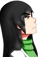 drawing micro size_difference black_hair color long_hair yellow_eyes shrunken_woman indifferent lisa looking_at_tiny on_nose bumblebambi