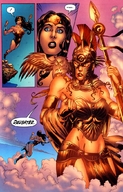 breasts drawing giantess mega comic color armor skirt goddess looking_down flying clouds costume wonder_woman leotard athena tiara spear helmet dc_comics breast_plate owl