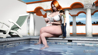 gentle swimsuit barefoot cleavage huge_breasts red_hair mini_giantess pool looking_down standing pants shirt slippers cell_phone digital_render bmtbguy deck_chair