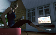 blonde glasses domination foot_crush shrunken_man underneath pinned under_foot gaming sorenzer0 looking_at_tiny digital_render lost loser