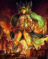 drawing giantess horns tail city color destruction goddess castle smiling yilx green_hair navel twintails muscles fire abs thighs tattoo looking_at_tiny pointed_ears gauntlets