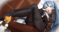 color long_hair blue_eyes clothed skirt anime blue_hair stockings shrunken_woman looking_down