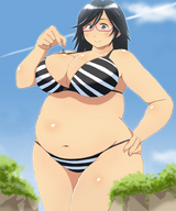 drawing gentle giantess black_hair color large_breasts swimsuit cleavage finger glasses smiling bbw navel voluptuous bikuta looking_at_tiny on_breasts