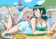 drawing giantess city color barefoot cleavage lying_down unknown_artist vehicles looking_back ferris_wheel
