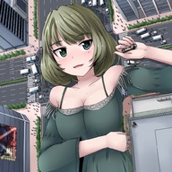 drawing giantess blushing city color ochiko_terada cleavage green_eyes sweat green_hair lying_down hand_crush vehicles bare_shoulders mole
