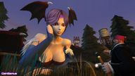 giantess wings cleavage purple_hair red_eyes lying_down forest outdoors darkstalkers fez looking_at_tiny digital_render gensamus source_film_maker lilith_aensland