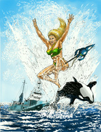 drawing giantess orca blonde color swimsuit barefoot ocean ships theborrower harpoon