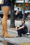 collage clothed mini_giantess sitting sandals shorts sunglasses purse alessandra_ambrosio lowerrider curb