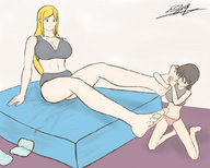 drawing size_difference blonde color barefoot cleavage bed amazon indoors grey_hair yamumil