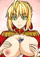 breasts drawing nipples blushing blonde color saber anime green_eyes shrunken_woman fate/stay_night etz palette_swap fate_(series) between_breasts