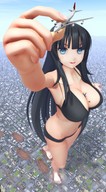 giantess city mega black_hair swimsuit destruction blue_eyes barefoot cleavage airplane foot_print between_fingers senran_kagura ikaruga digital_render na between_breasts