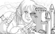 drawing giantess monochrome cleavage castle elf sketch mountains straps earrings looking_at_tiny pointed_ears bluerune93